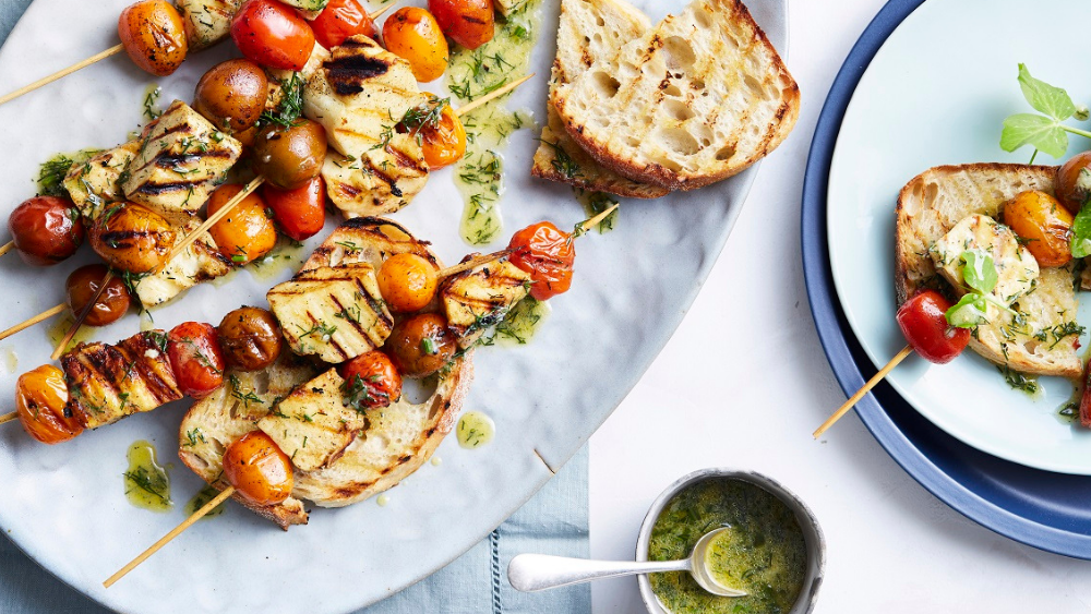 Tomato Medley and Barbecued Haloumi Skewers. A veggo BBQ favourite ready in 15 mins flat. Image: Lyndi Cohen